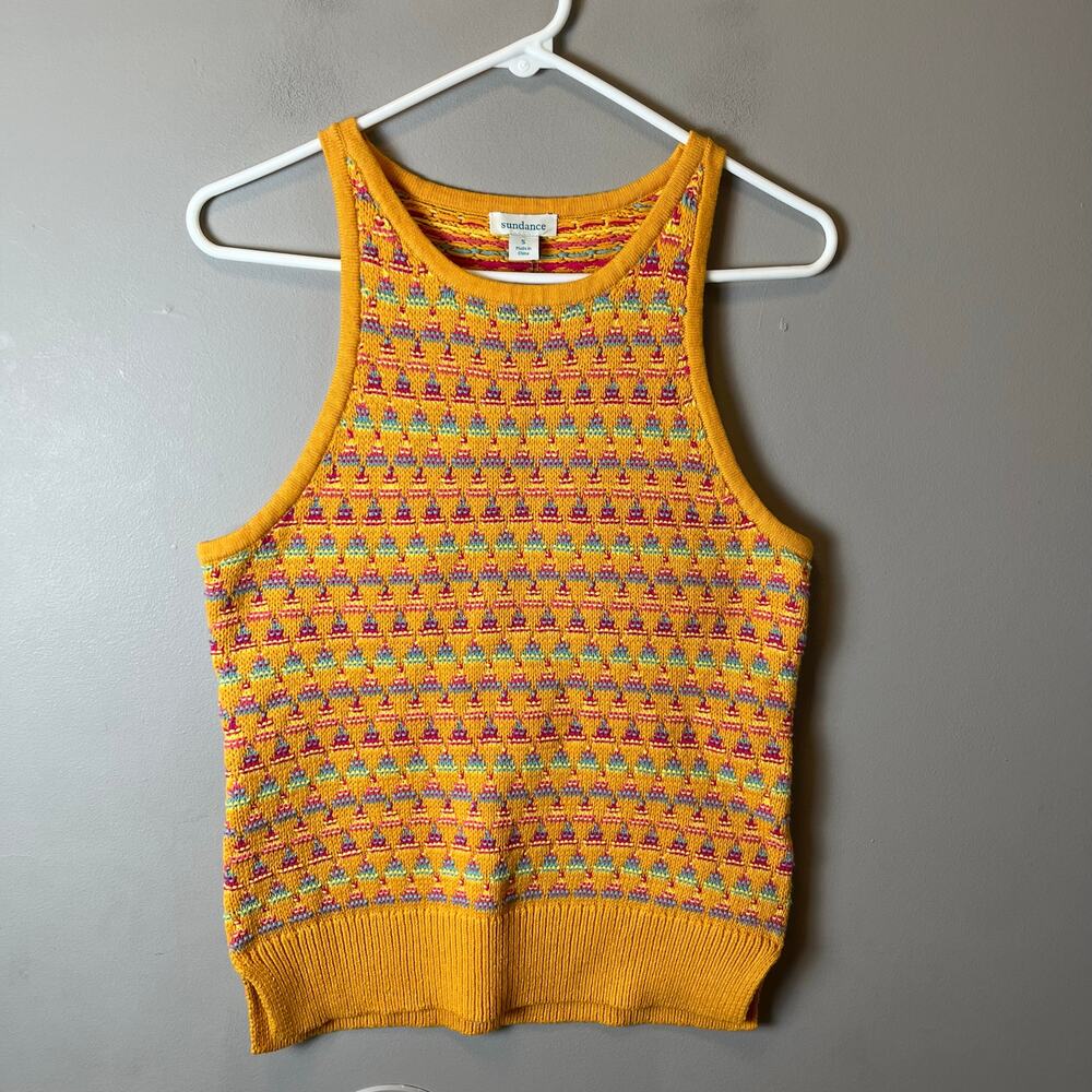 Sundance Small Kitts Sweater Tank Top Yellow Geometric Jacquard Cotton New